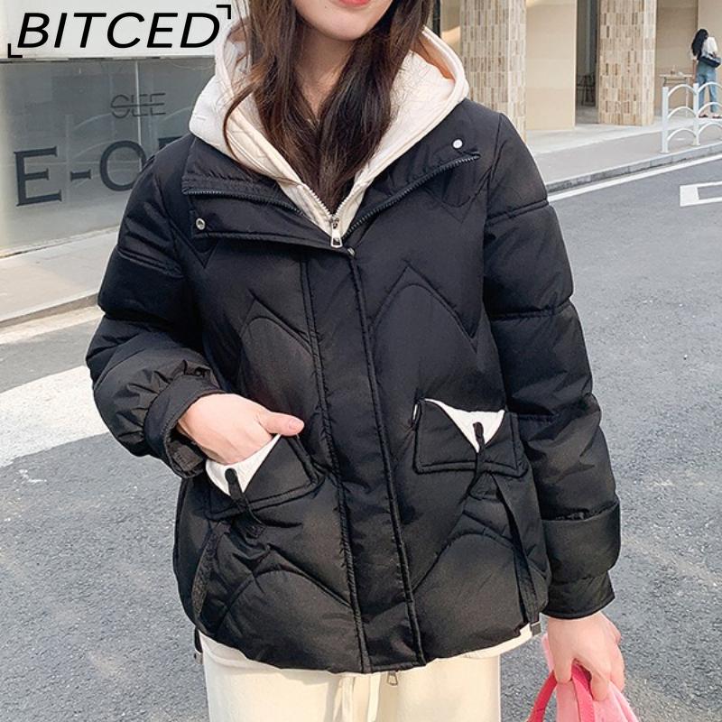 BITCED Winter Cropped Pseudo-Two-Piece Women's Student Cotton Coat Loose-Fit Compact Style Hooded Thickened Cotton Jacket