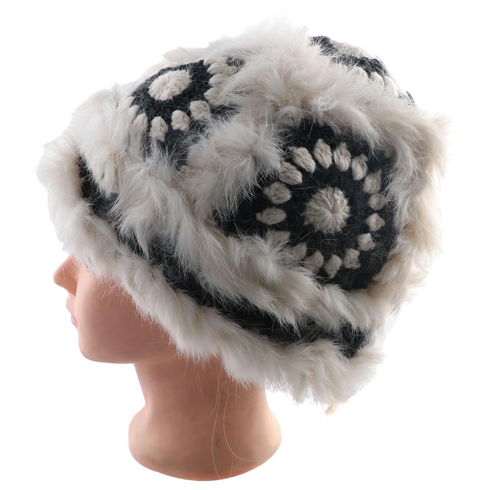 

Ethnic Style Hand-woven Knitted Hat Female Hats Rabbit Fur Caps Korean Style Caps Wnter Bucket Hat чёрный