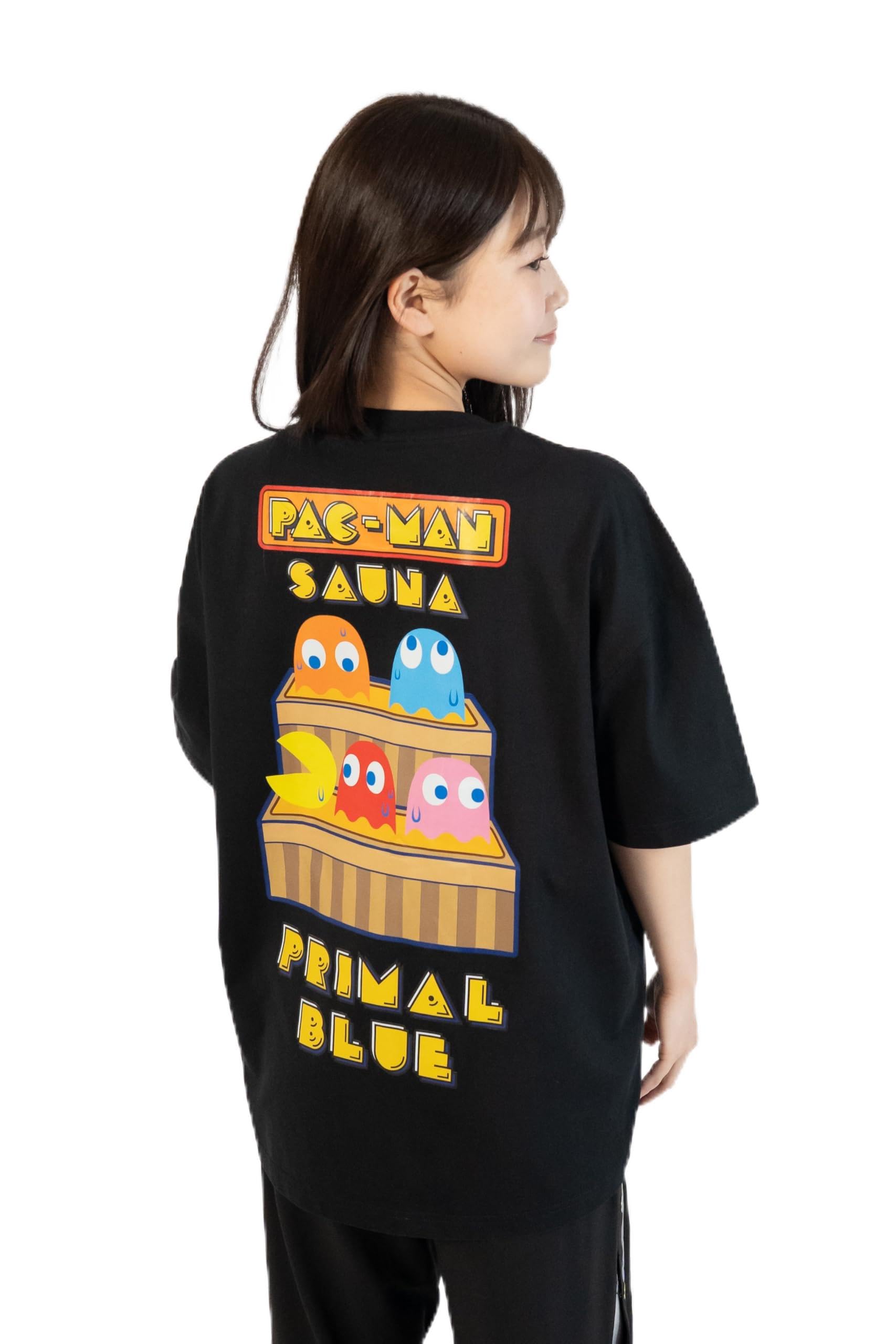

[Primal Blue] PAC-MAN x Sauna Oversized T-Shirt, Pac-Man 45th Anniversary Sauna Merchandise, Unisex (JP, Alphabet, L, XL, Big, Long, Black)