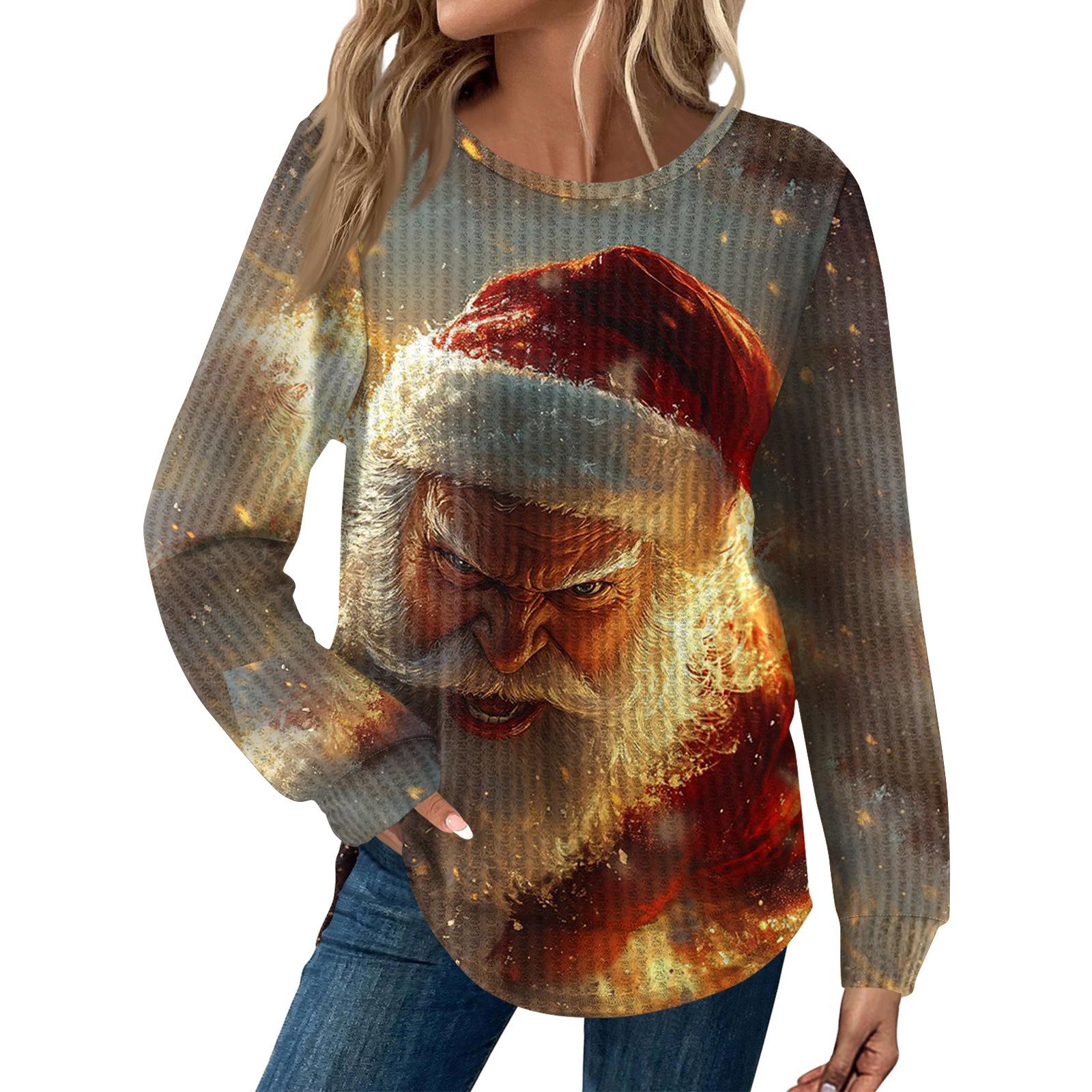 

Женская Мода Повседневный Свободный Топ с Круглым Вырезом и Длинным Рукавом с Рождественским Принтом XXL