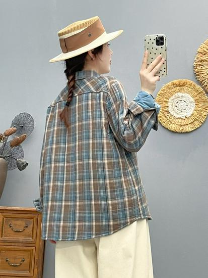 2025 Women's Autumn/Winter Artistic Casual Quilted Plaid Cotton Shirt - Loose, Versatile, Long Sleeve Top