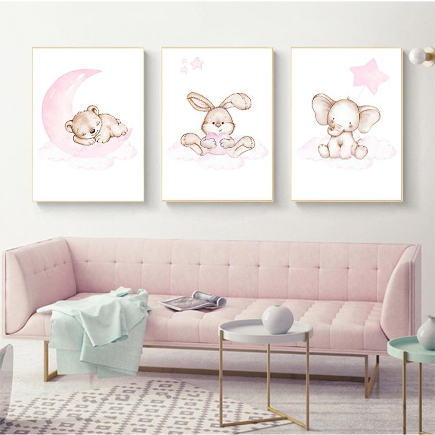 Pictură Nordic Copii Copii Decor Dormitor Iepuraș Girafă Urs Poză Animal drăguț Luna Creșă Copil Artă Perete Canvas Print