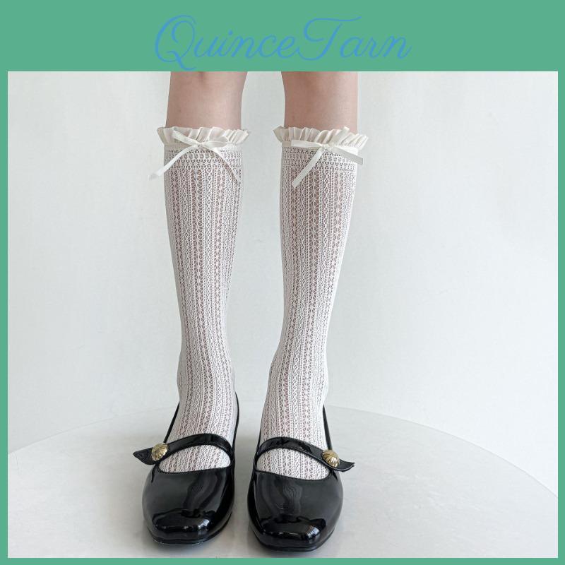 Womens Thin Mesh Breathable Midcalf Lace Socks With Mary Jane Lace Trim Hollowout Lace And Bowknots