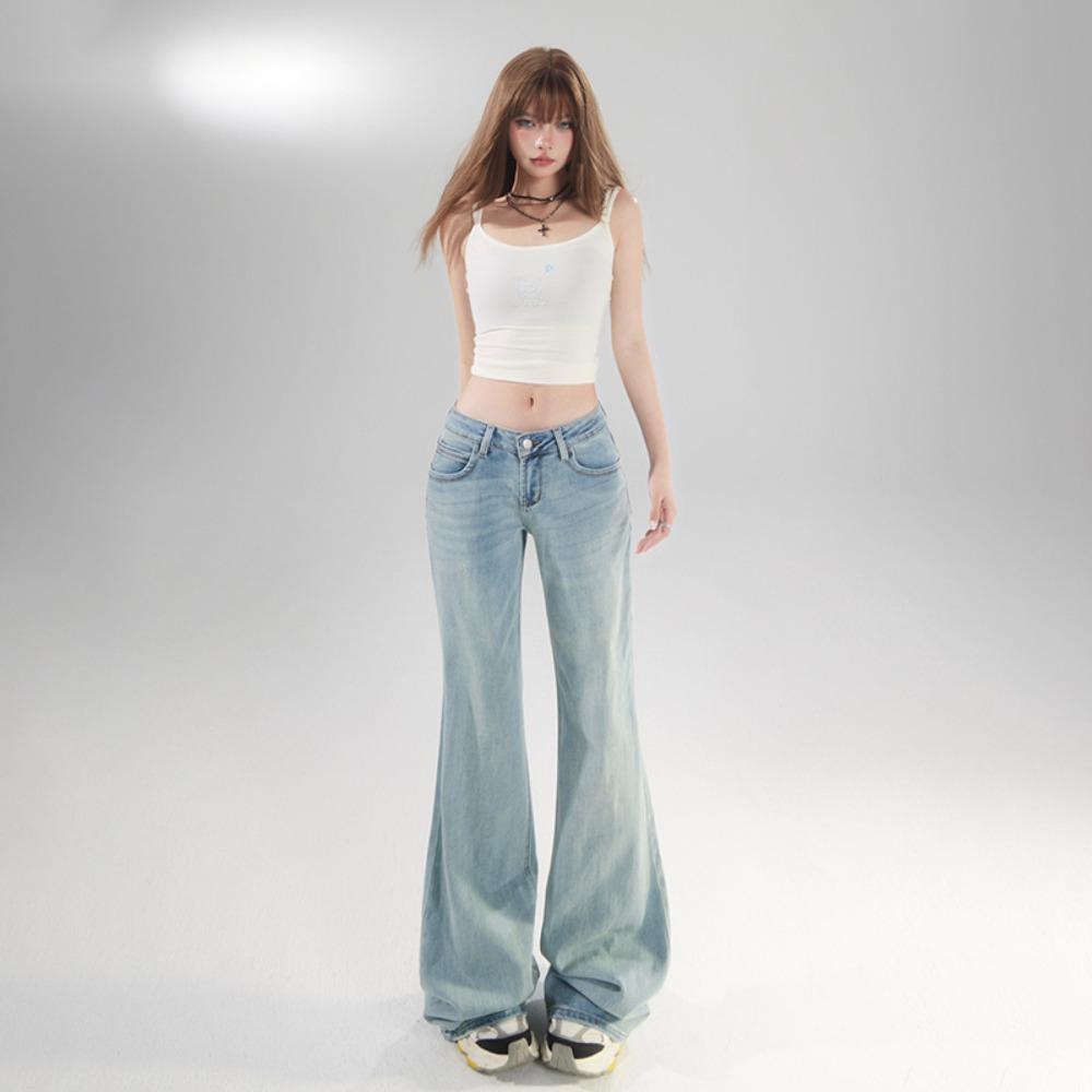 Women's Low Rise Flare Jeans Loose Bootcut Light Blue Denim Pants Two Length High Stretch Summer Casual Trousers