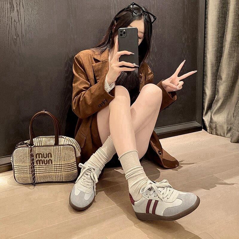 2025 New Retro Color Matching Round Head Lace-up Soft-soled German Training Shoes Women's Versatile Casual Height-increasing Forrest Gump Shoes Board