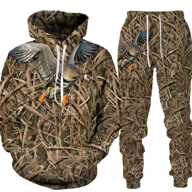 Men Camouflage 3D Print Hooded Cycling Jersey 2Pcs Tracksuit Outdoor Sports Set