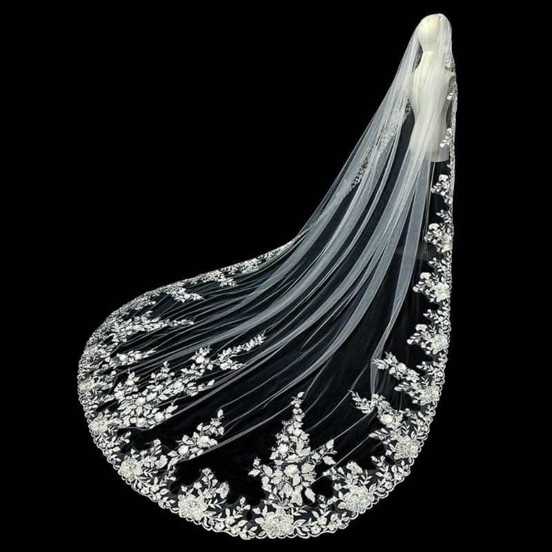 Handgjord Spets Bröllopsvepa Bekväm Slöja Glittrande Elegant Slöja Lätt Vikt för Elegant Brud