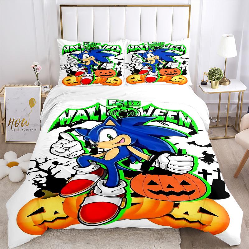 3pcs Halloween Fun with Sonic Quilt Cover Set - Soft and Cozy Bedroom, Guest Room and Dorm Decorative Bedding 3-Piece Set 1 Quilt Cover + 2 Pillo