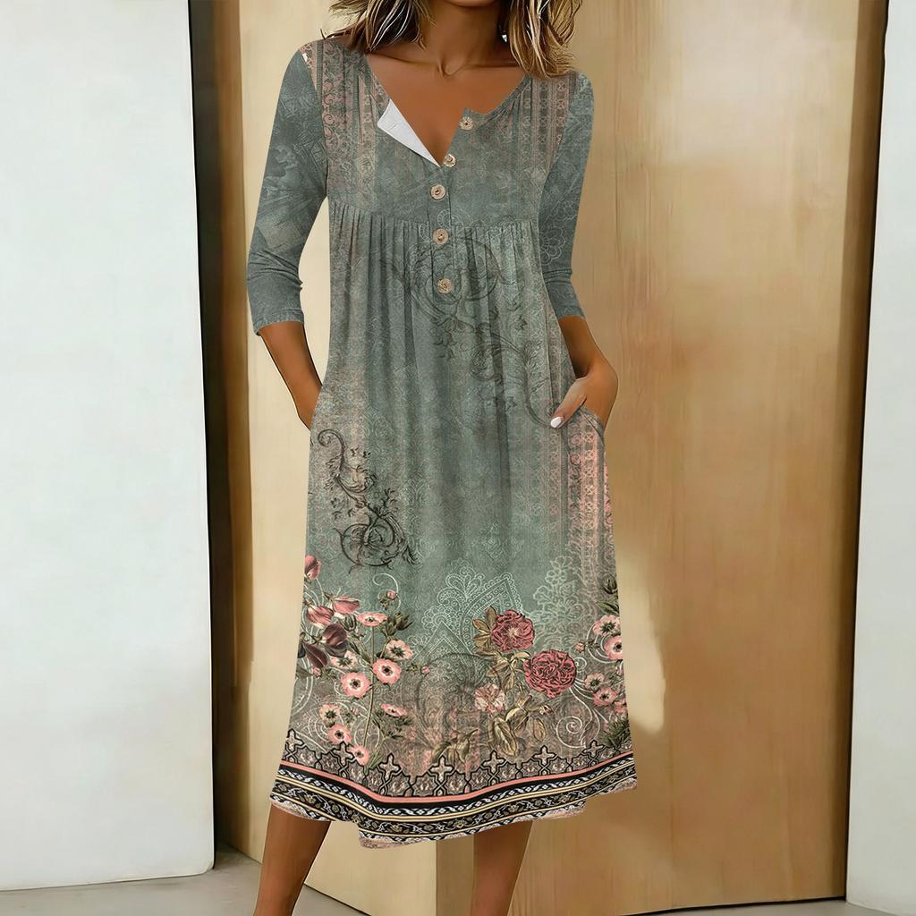 Women's Fashionable Color Printed Round Neck 3/4 Sleeve Button Collar Mid Length Casual Dress