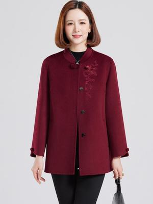 Mom's Embroidered Cashmere Coat for Women - Fashionable Autumn/Winter Wool Overcoat for Middle-Aged and Elderly Ladies