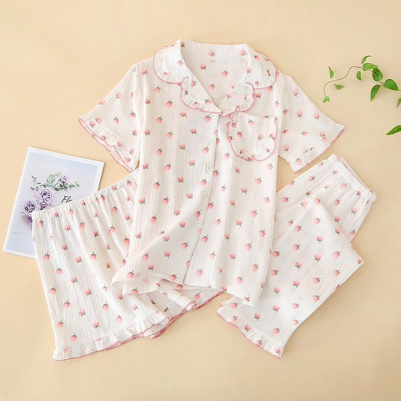 Pajamas women's summer thin, pure cotton cotton yarn small fresh short-sleeved shorts homewear three-piece set can be worn loosely