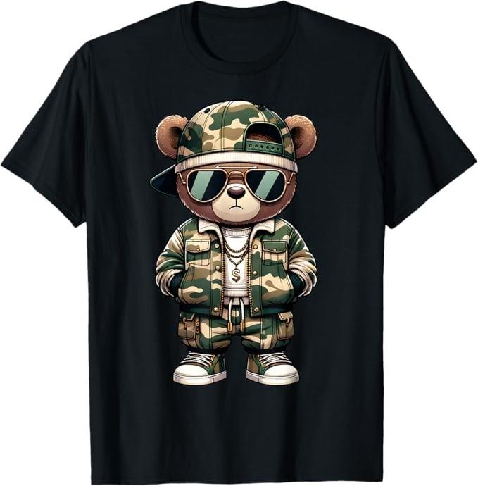 Camo Hip Hop Teddy Bear Camouflage Gangsta Streetwear Hustle T-Shirt Unisex T-Shirt M