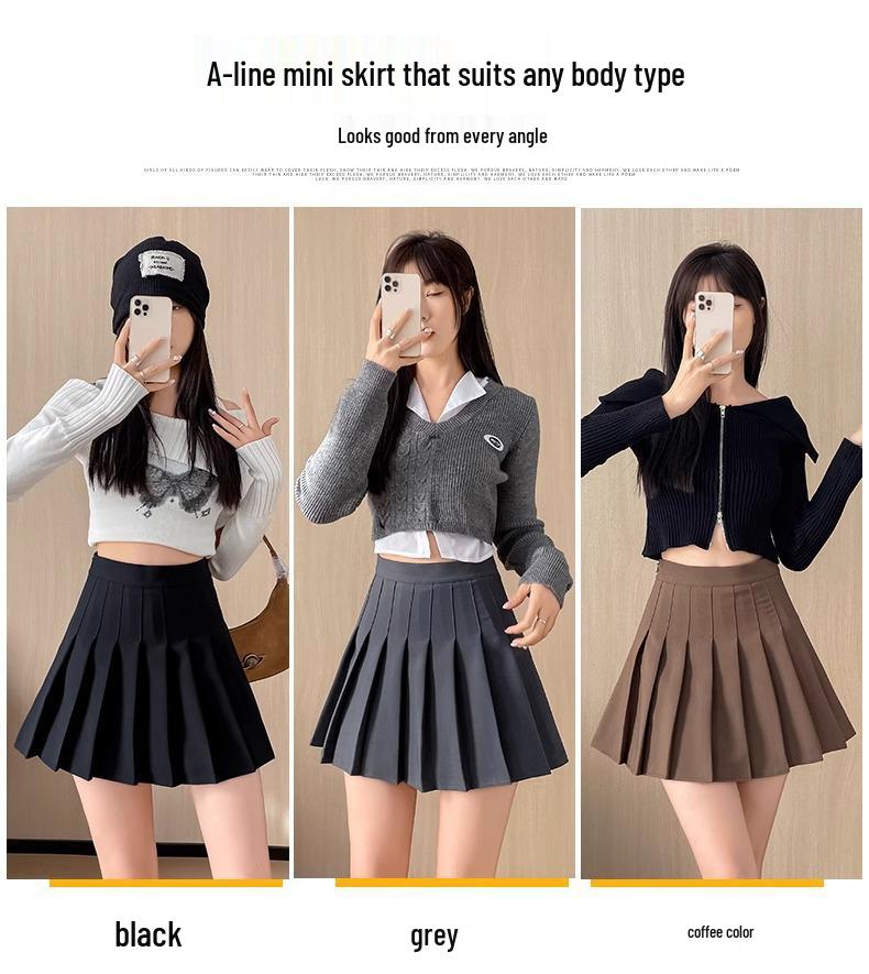 Women's Korean Style High-Waist Pleated A-Line Skirt - Slim Fit, Black, Spring/Autumn 2024 Collection.