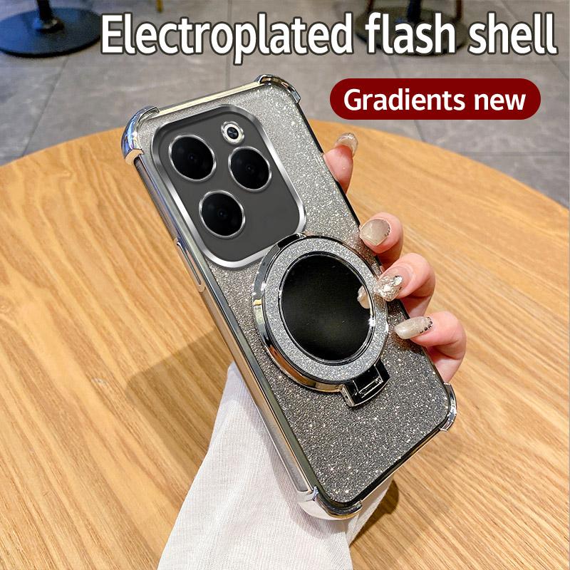 Plating Shockproof Stand Ring Mirror Phone Case For Infinix Hot 40 Pro 30 30i 40i 50i 10S NFC 10 Lite 9 Play Glitter Soft Cover