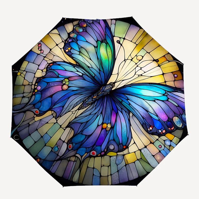 

Stained Butterfly Design Automatic Opening Folding Umbrella - Portable 3-Fold Design with 8-Bone Steel Frame, Perfect for Outdoor Use, Festi