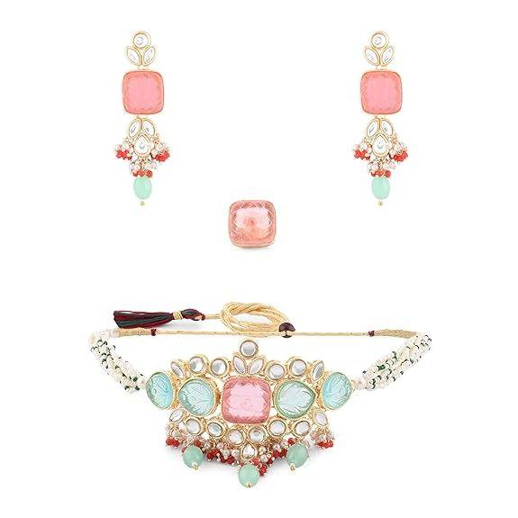 Mehrfarbige Steine und Perlen, mehrreihiges Kundan-Choker-Halsketten-Ohrring- und Ring-Set für Frauen