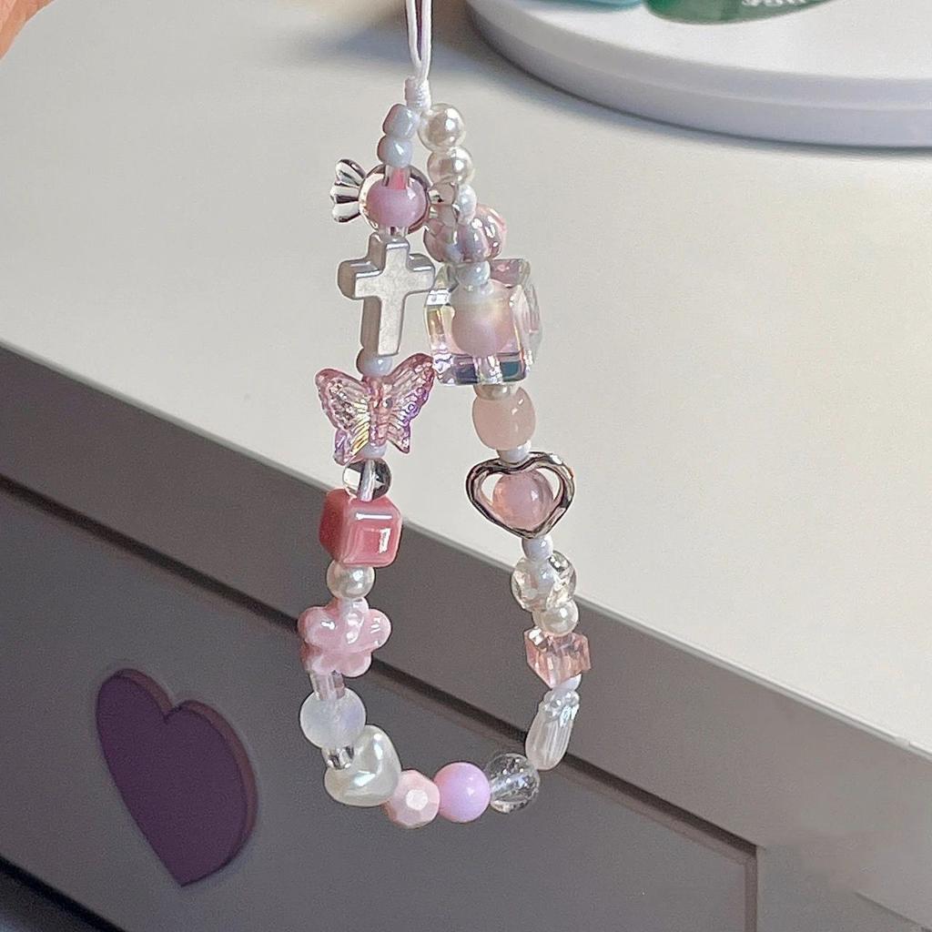 Charm Pink Butterfly Love Heart Mobile Phone Chain For Iphone Girl Women Jewelry Strap Beaded Lanyard Hanging Cord Bracelet