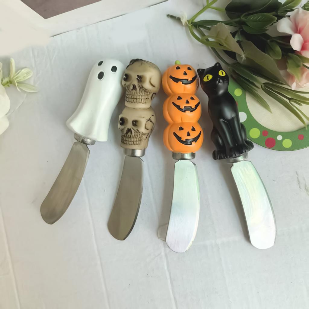 Cheese Spreader Knives 4 Pieces Halloween Pastry Knives Ergonomic Pumpkin Cat Ghost Skull Spreader For Toast Sandwich Jam Cream