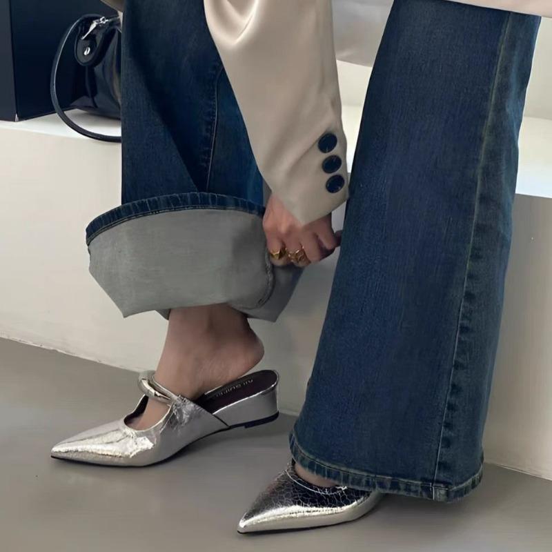 Fashion Baotou Slope Slippers Spring New Pointed Head Shallow Mouth Metal Buckle Soft Sole Anti-slip Wear-resistant Sandals