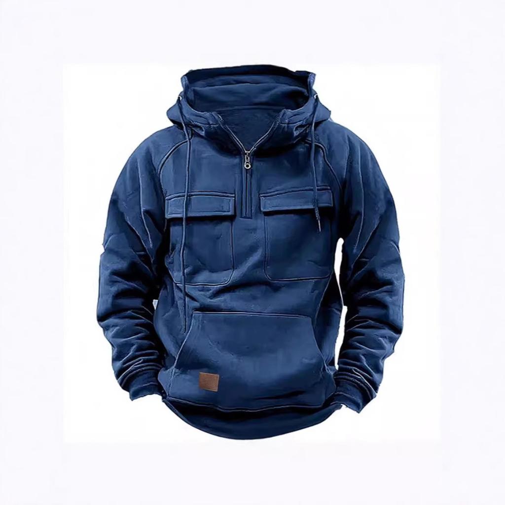 Spring and Autumn Men's Hoodie Zipper Multi Pocket Hoodie Sports and Leisure with Velvet