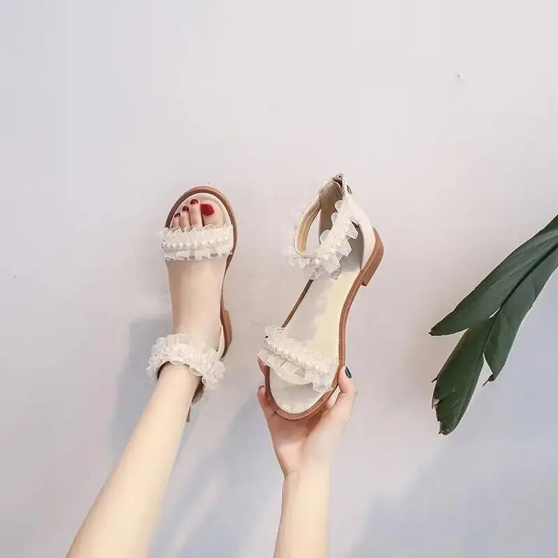 Fashion One Word Roman Style Zip Ladies Shoes Flat Rubber No Heel Pearl Outdoor Footwear White Open Toe Summer 2024 Sandals for Women H