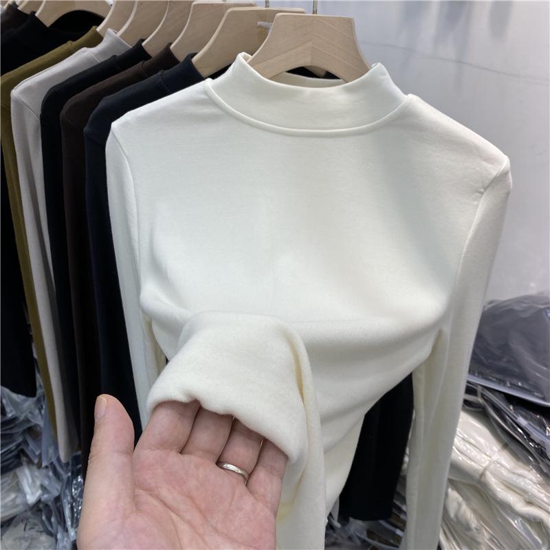 Women's Brushed Fleece-Lined Cotton Stand-Up Collar T-Shirt, Long-Sleeve, 2025 Autumn/Winter Collection