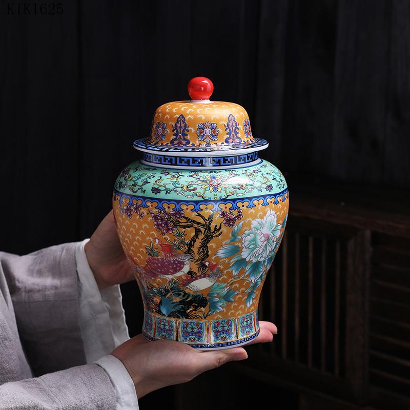 Ceramic Painted Flower and Bird Tea Caddy Color General Jar Household Food Coffee Bean Storage Jar Flower Arrangement Decoration
