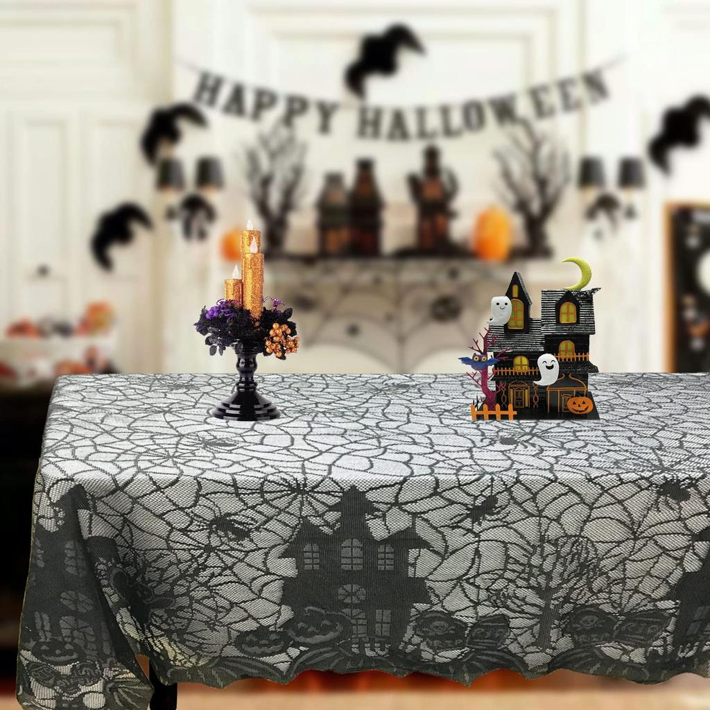 Halloween Tablecloth - Gothic Black Lace Spider Web Table Cover for Halloween Masquerade, Scary Movie Nights Decorations 53x68in