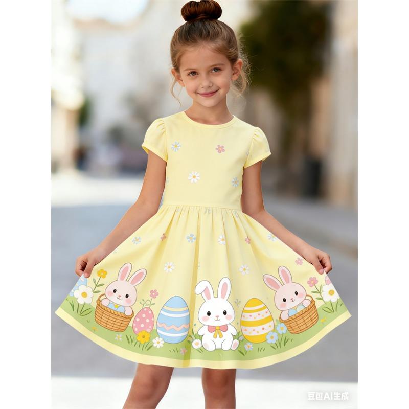 Girls' 3D Rabbit Print Summer Short Sleeve Dress | Crew Neck, A-Line Skirt, Perfect for Beach Outings and Casual Wear