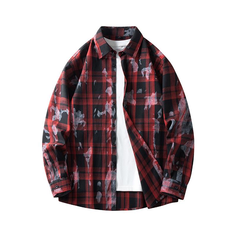 Tie-dye plaid long-sleeved shirts for men and women, autumn new trendy Hong Kong style casual jackets, youth tops