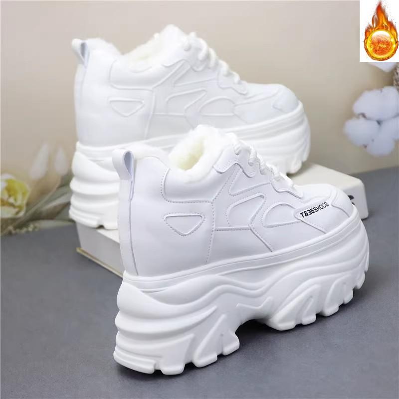 Fashion 12CM Genuine Leather Vulcanize Fashion Thick Bottom Women Chunky Sneakers Platform Wedge Causal Winter Plush Autumn Shoes