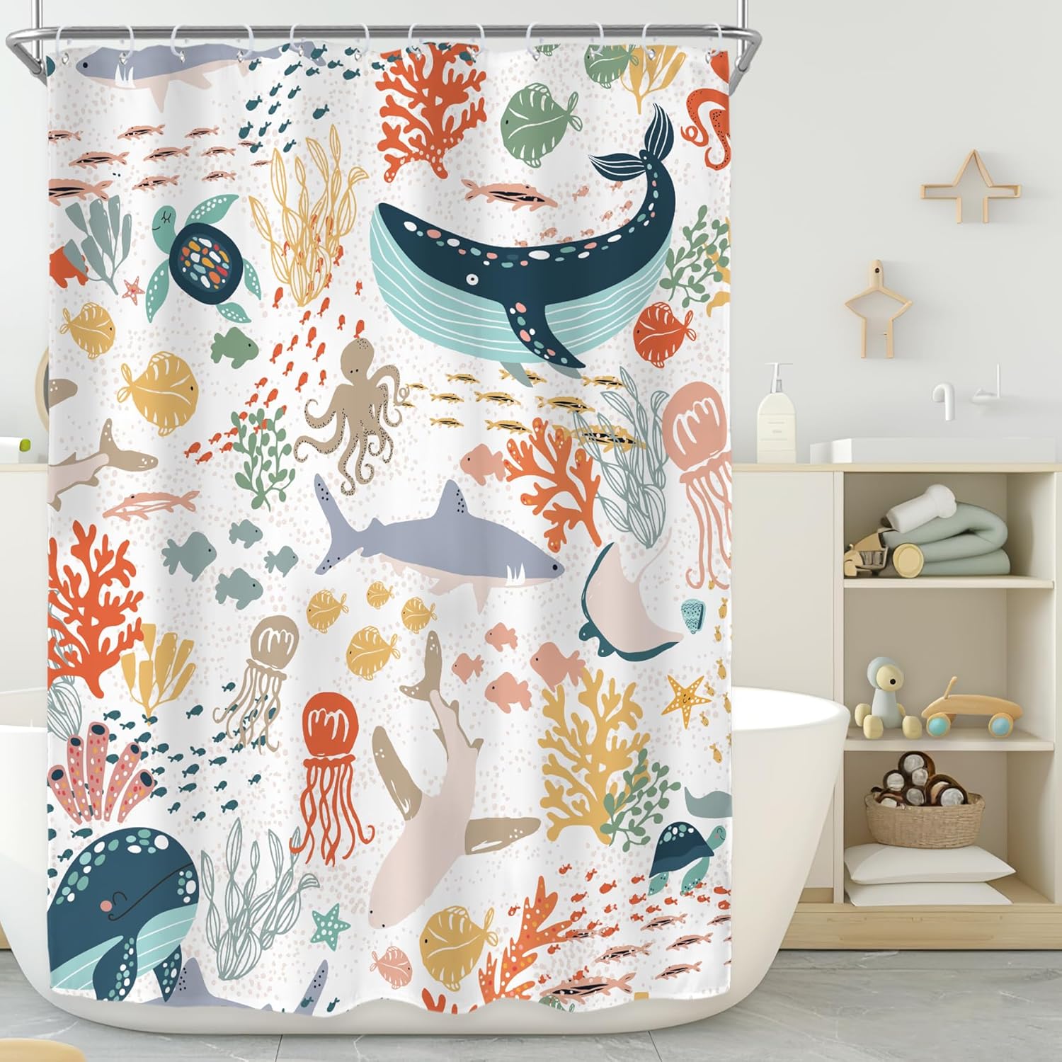 

Kids Sea Animal Shower Curtain For Bathroom Decor Funny Shark Fish Cartoon Fun Underwater Blue Ocean Turtle Whale Nature Art W60H190(CM)-1 Pcs