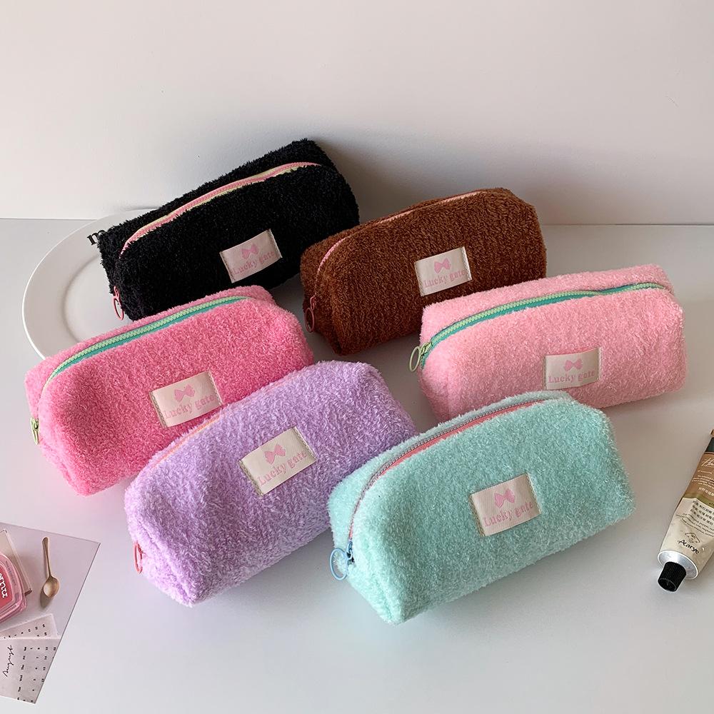 Winter Candy-colored Student Plush Pen Case Portable Stationery Storage Bag for Girls Korean-style Travel Makeup Bag and Toiletry Bag