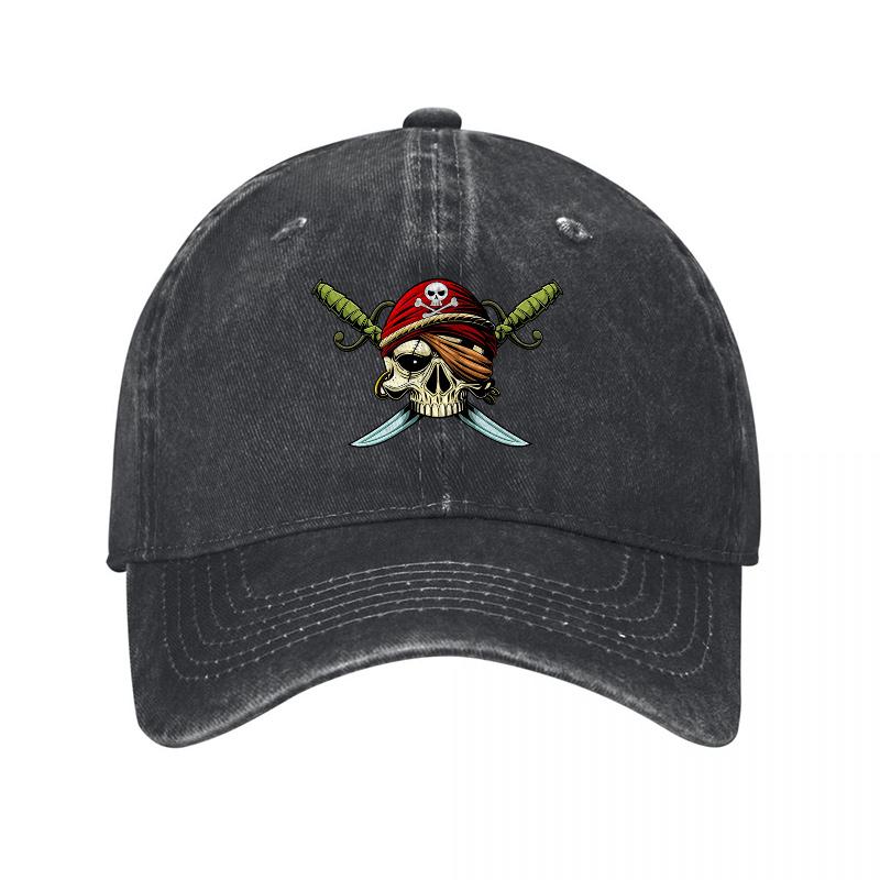 Pirate Skull and Swords Embroidered Washed Canvas Baseball Cap Vintage Style Adjustable Fit for Unisex and Women