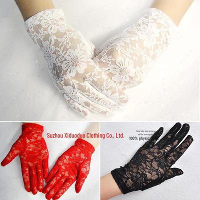 Sommer-Hochzeitshandschuhe aus Spitze mit Sonnenschutz – kurz, dünn, Fünf-Finger-Design in Rot, Schwarz, Weiß