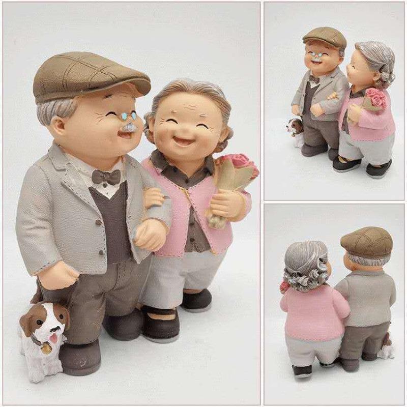 Cute Elderly Couple Statue Resin Suitable for Family Wedding Decoration Beautiful Time with You All the Way