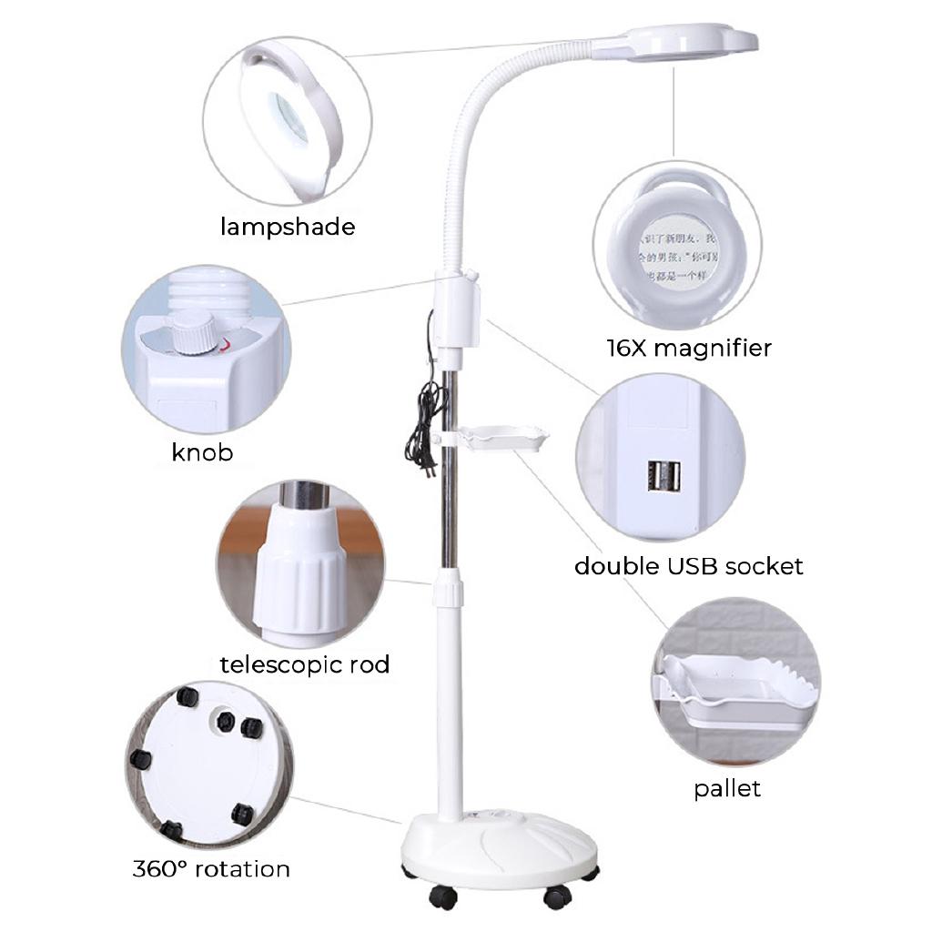 16X 220v-240V Glass Ligth Len Facial Light LED Magnifying Floor Stand Lamp Diopter Magnifier