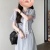 Elegant Women's French-Style Blue Summer Shirt Dress with Waist-Cinching and Long Silhouette
