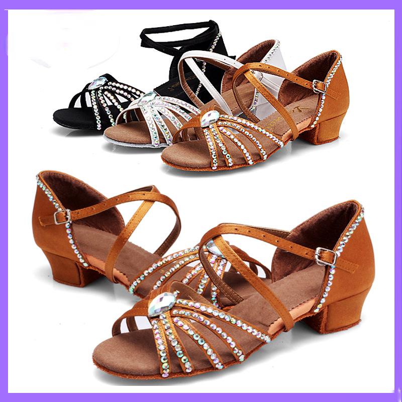 Summer Child Hot Latin Dance Shoes Women for Silver Gray Satin Salsa Dance Shoes Girls for Shine Rhinestone Ballroom Dance Shoes