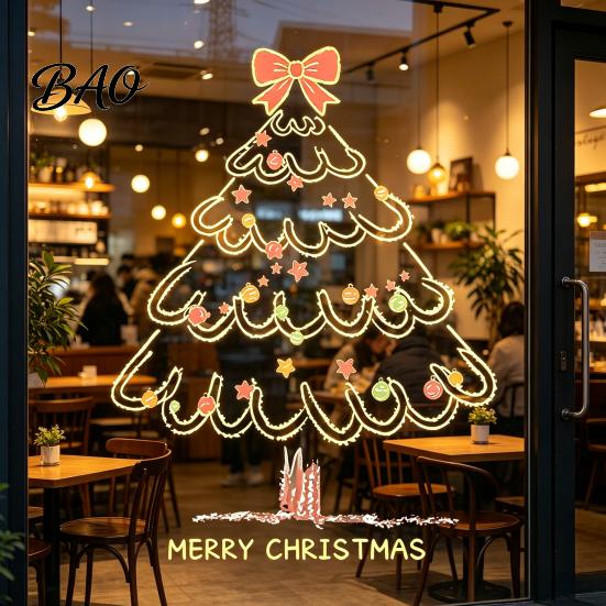 Waterproof Glass Stickers Christmas Tree Window Sticker, Simple Line Static Cling Decal, Reusable Clings Removable Festive PVC Decal for Holiday Home