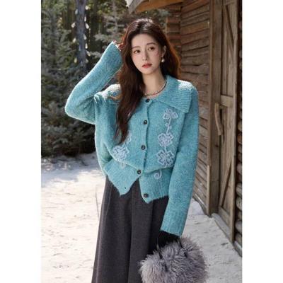 Damen Retro Floral Jacquard Strickjacke