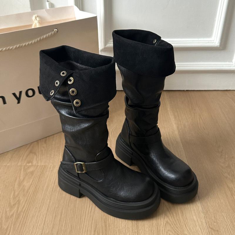 

Retro casual belt buckle sleeve fashion boots 2025 autumn and winter new thick-soled small tall knight boots tide 35