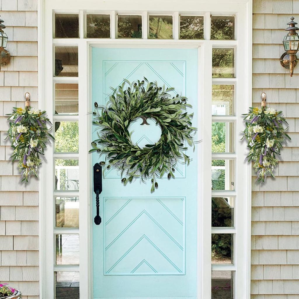 Artificial Olive Leaf Wreath for Front Door, 20 Inch Green Olive Wreath with Olive Leaves and Olive Bean, Greenery Wreath for Home Wall Window