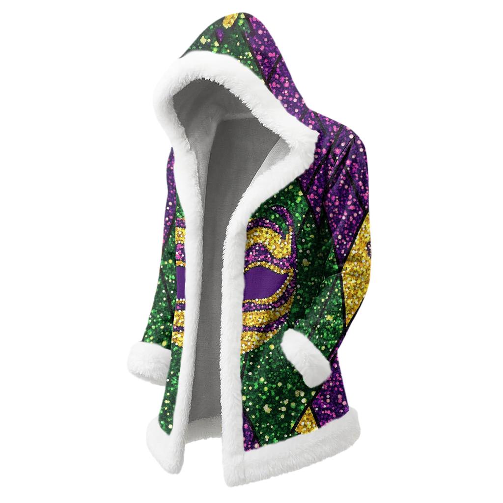 Unisex Casual And Fashionable Plush Collar Hooded Long Sleeved Carnival Print Jacket