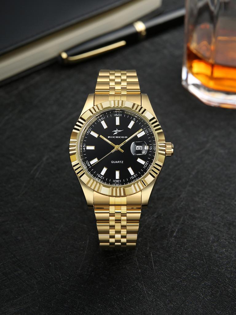 RICECGO Popular Classic Men's Sports Alloy Case Men Watches with Calendar Dial  Men Stainless Steel Belt Watch Luminous Watches