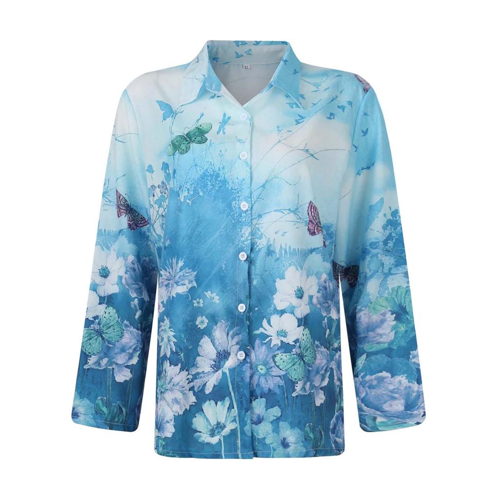 Fashion Women's Printed Button Lapel Long Sleeve Loose Casual Top Shirt