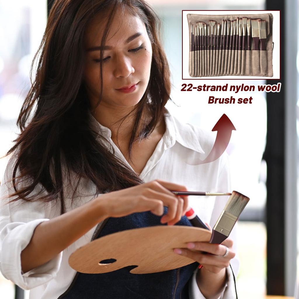22-piece Nylon Bristle Paint Brush Set For Oil And Watercolor Painting, Brushes With A Fabric Case.