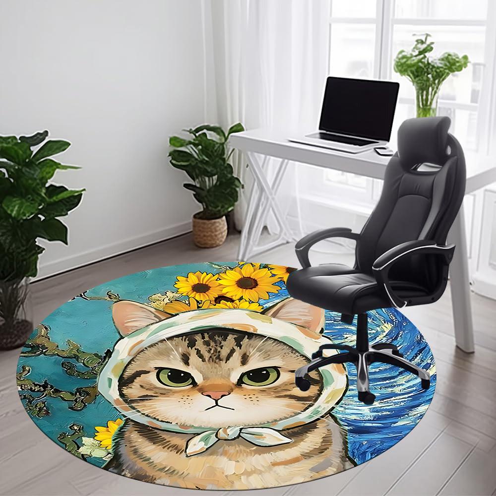 1PC Cat Sunflowers Office Round Area Rug,  Mat Suitable ForOffice, Under Office Chairs Bedroom Living Room Home Decor, Room Deco