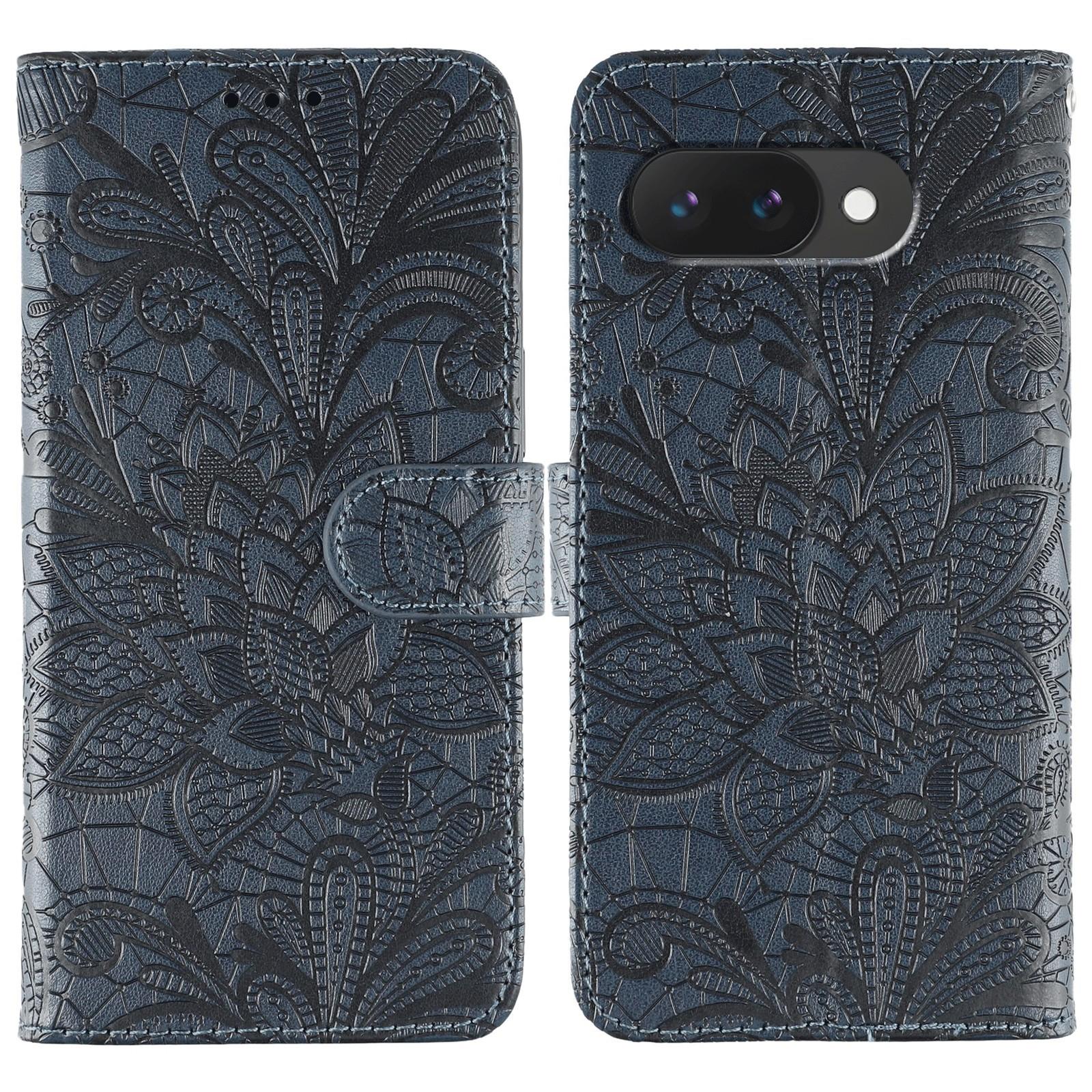 

For Google Pixel 9a Case Lace Flowers PU Leather Flip Wallet Phone Cover Dark Blue