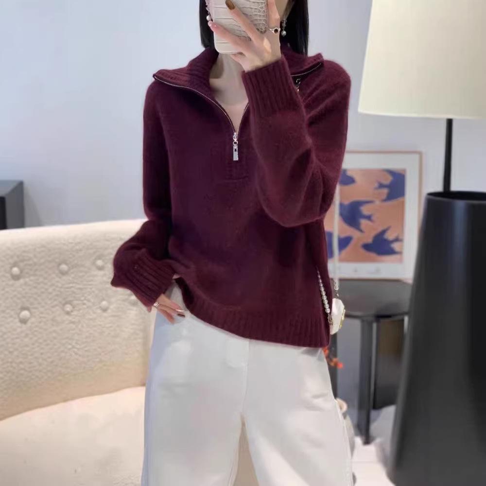 Women's Retro Half-Zip Pure Wool Lapel Sweater - Loose Knit Lazy Style, Autumn/Winter Collection
